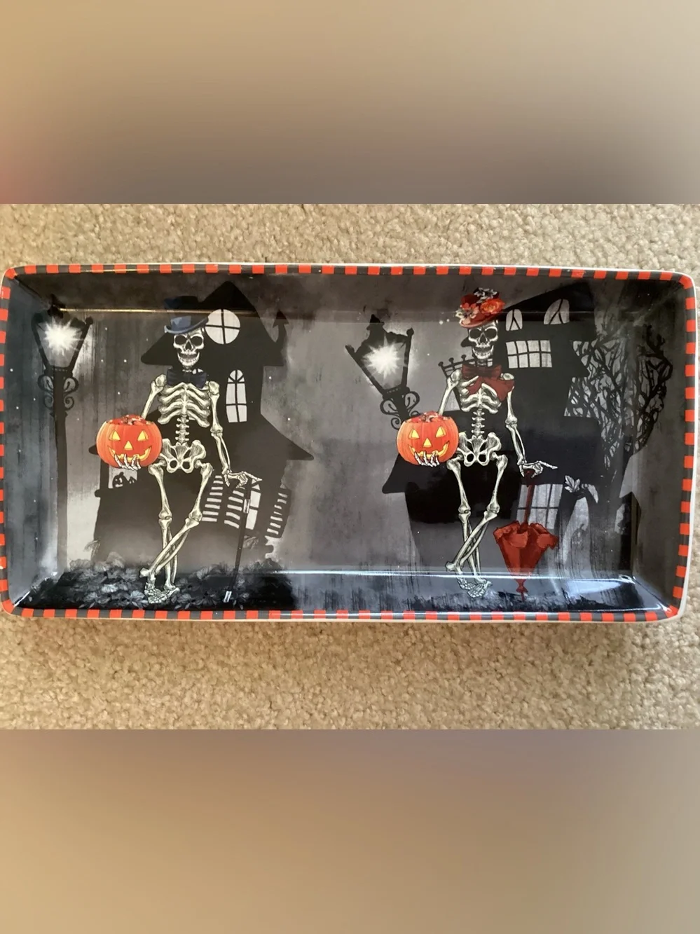 222 Fifth Dapper Skeleton Halloween Serving Tray 13”x7” - IEC